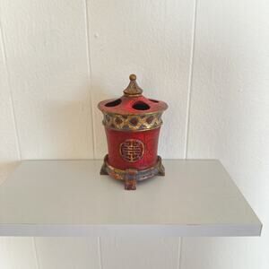 Vintage Chinese Fu Symbol Faux Cinnabar Red Resin Toothbrush Holder Good Fortune